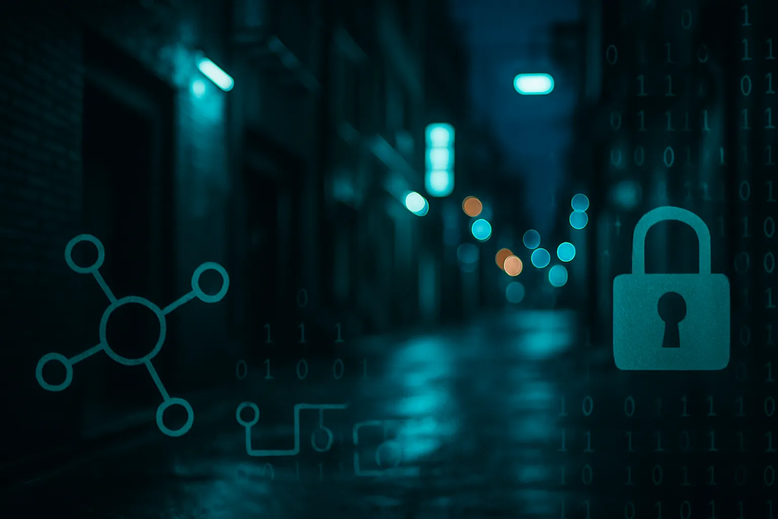 Umgebung bei Nacht, mit verschwommenen Neonlichtern in Blautönen und Grüntönen, die einen geheimnisvollen, digitalen Cyber-Atmosphäre-Effekt erzeugen.