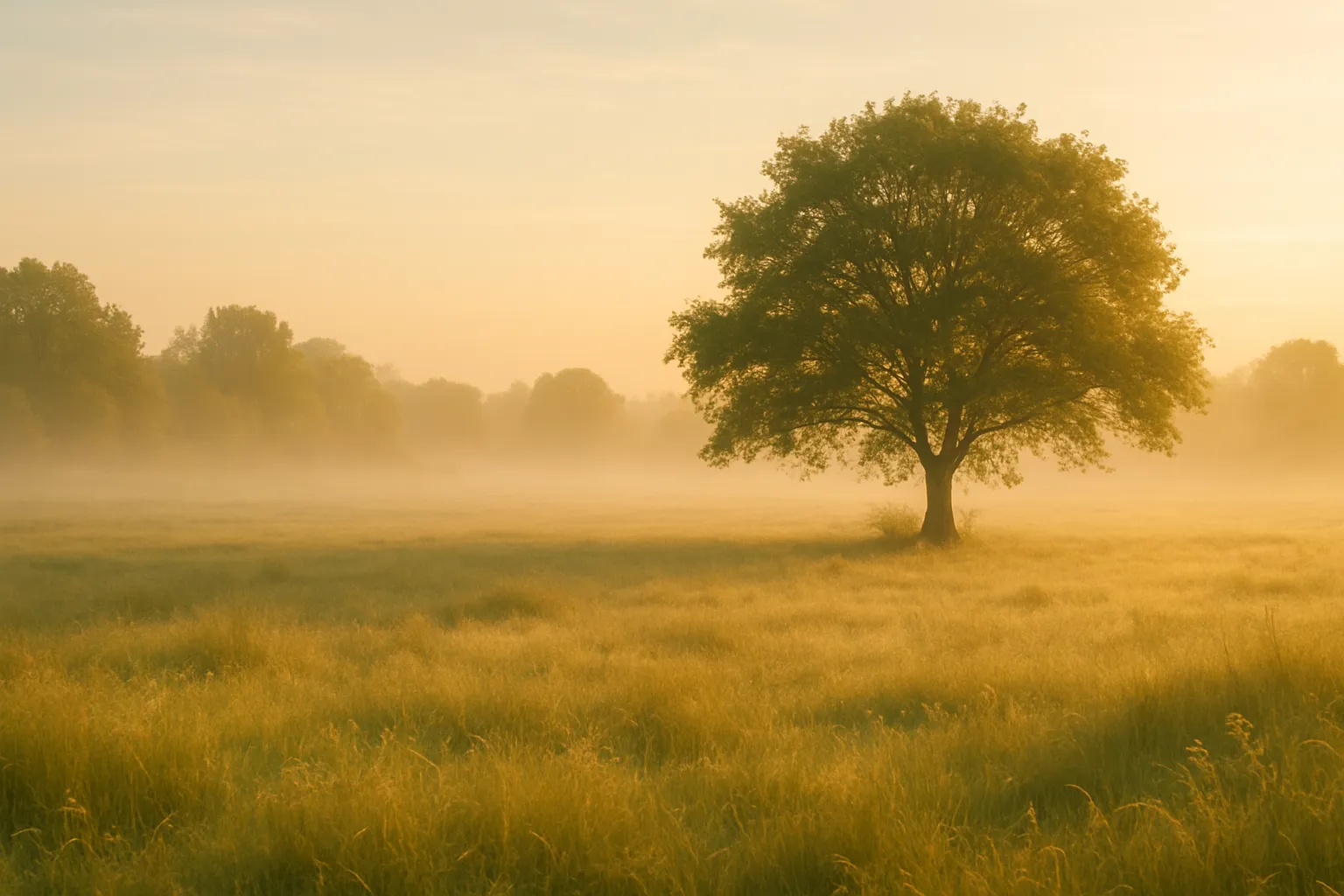 Weitläufige Wiese im sanften Morgenlicht mit leichtem Nebel und einem einzelnen Baum im Fokus, umgeben von beruhigender Natur.