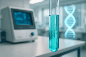 Laborumgebung mit Fokus auf ein Reagenzglas mit schimmernder Flüssigkeit in Blau- und Türkistönen, im Hintergrund unscharf ein computergestütztes Analysegerät und DNA-Doppelhelix-Hologramm.