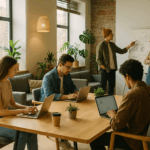 Coworking Space mit natürlichen Materialien und Pflanzen, große Fenster lassen Tageslicht herein, im Fokus mehrere junge Erwachsene, die gemeinsam an Laptops arbeiten oder an einem Whiteboard diskutieren