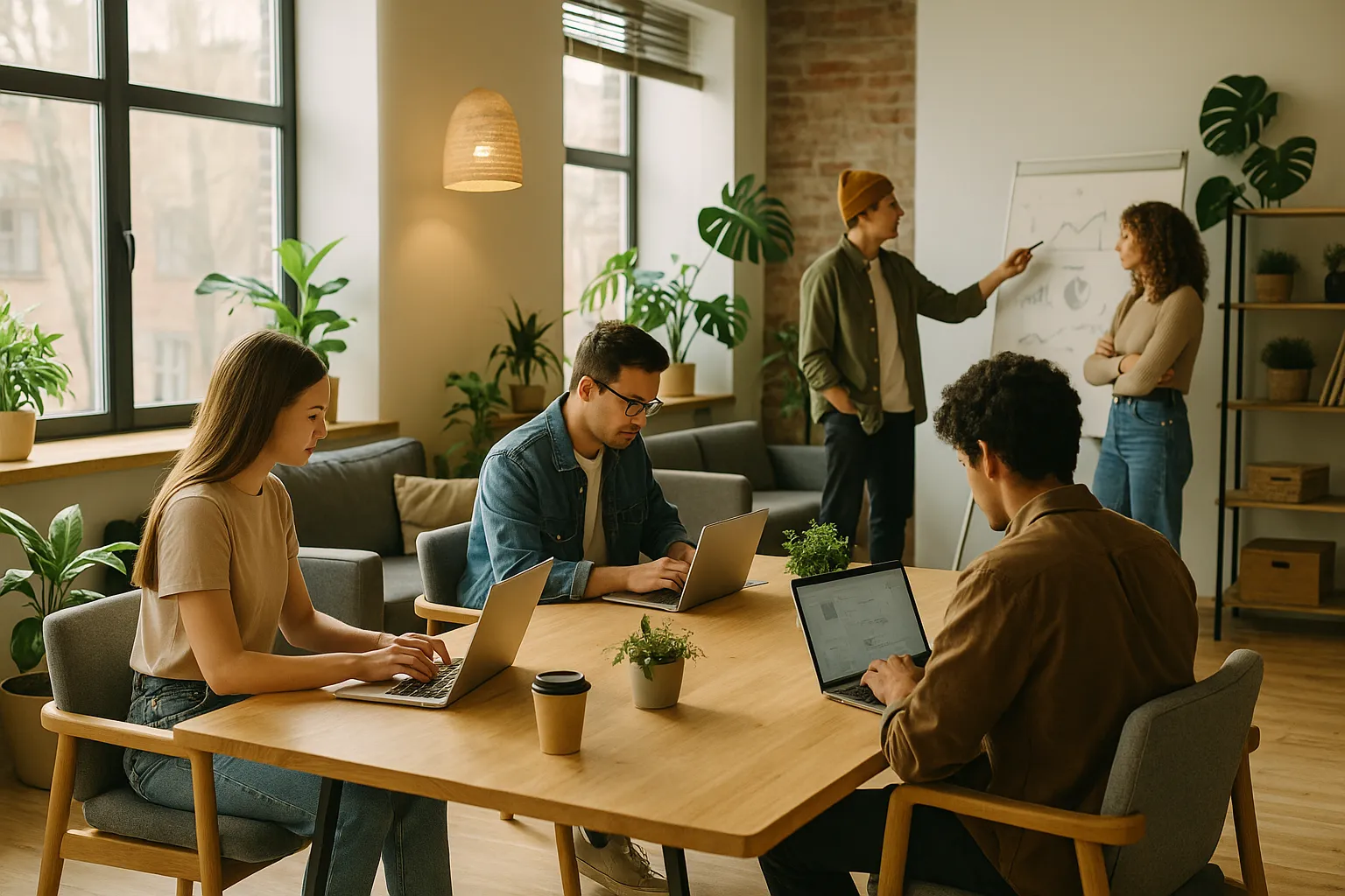 Coworking Space mit natürlichen Materialien und Pflanzen, große Fenster lassen Tageslicht herein, im Fokus mehrere junge Erwachsene, die gemeinsam an Laptops arbeiten oder an einem Whiteboard diskutieren