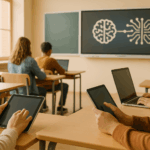 Klassenzimmer mit großen Fenstern, natürlichem Tageslicht, mehrere Schülerhände arbeiten an Tablets und Laptops, interaktives digitales Whiteboard im Hintergrund.