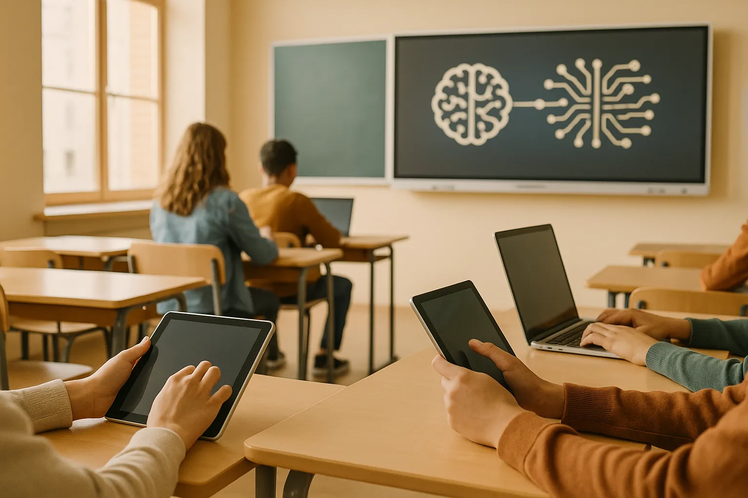 Klassenzimmer mit großen Fenstern, natürlichem Tageslicht, mehrere Schülerhände arbeiten an Tablets und Laptops, interaktives digitales Whiteboard im Hintergrund.