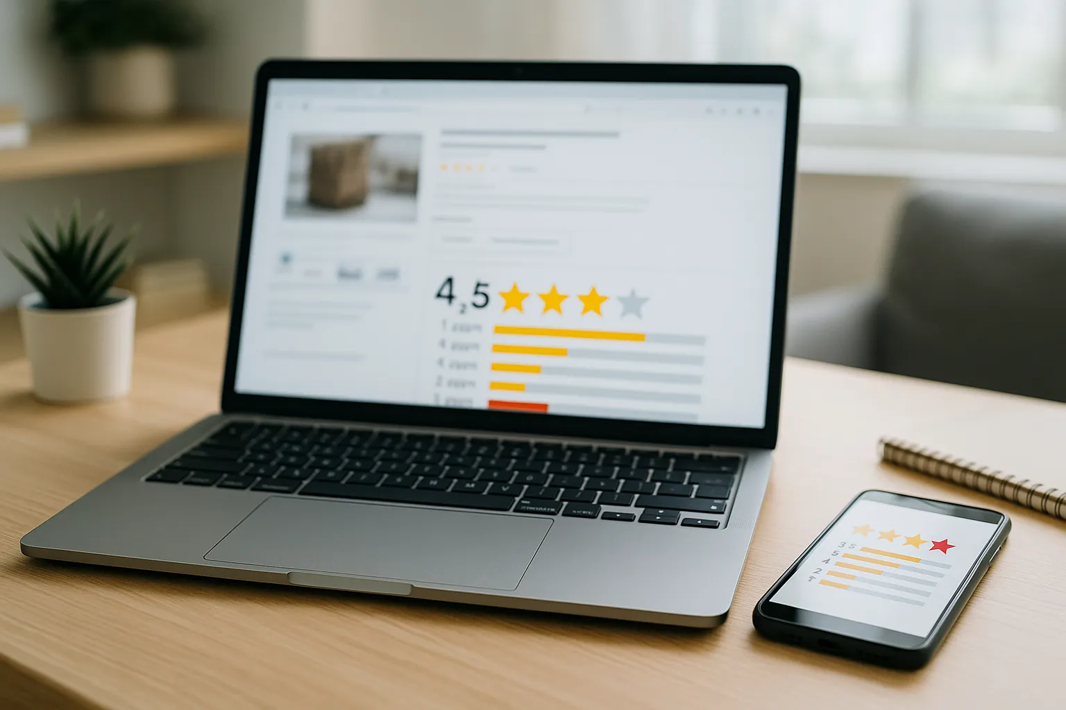 Laptop und Smartphone auf einem hellen Schreibtisch mit angezeigten Online-Bewertungen – Symbolbild für die Erkennung manipulierter Rezensionen im Online-Handel.