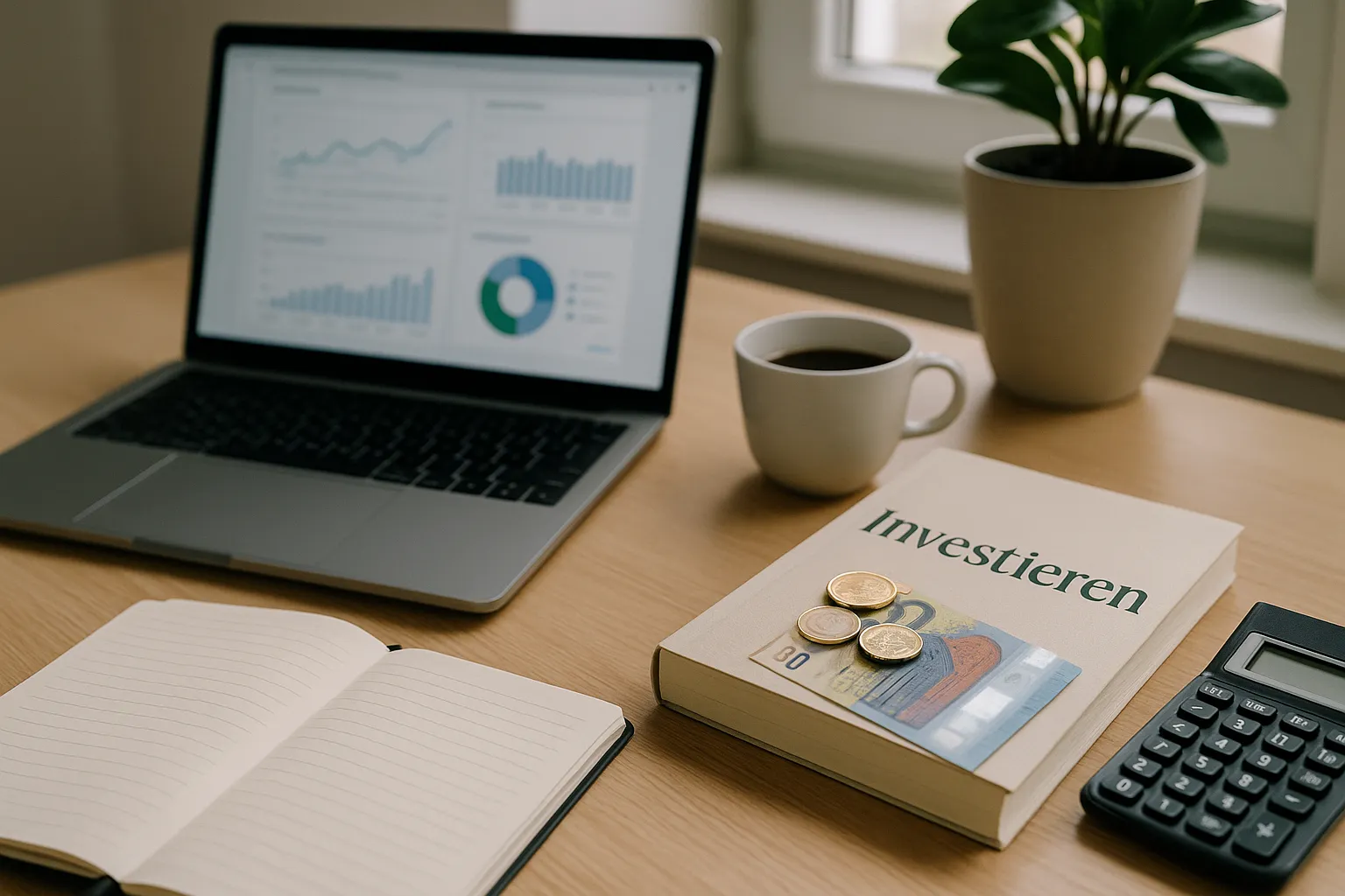 Schreibtisch-Setup mit Laptop, Notizbuch, Kaffeetasse und Finanzliteratur, daneben liegen einige Euro-Münzen und -Scheine sowie ein Taschenrechner. Auf dem Bildschirm eine geöffnete Website mit Diagrammen.