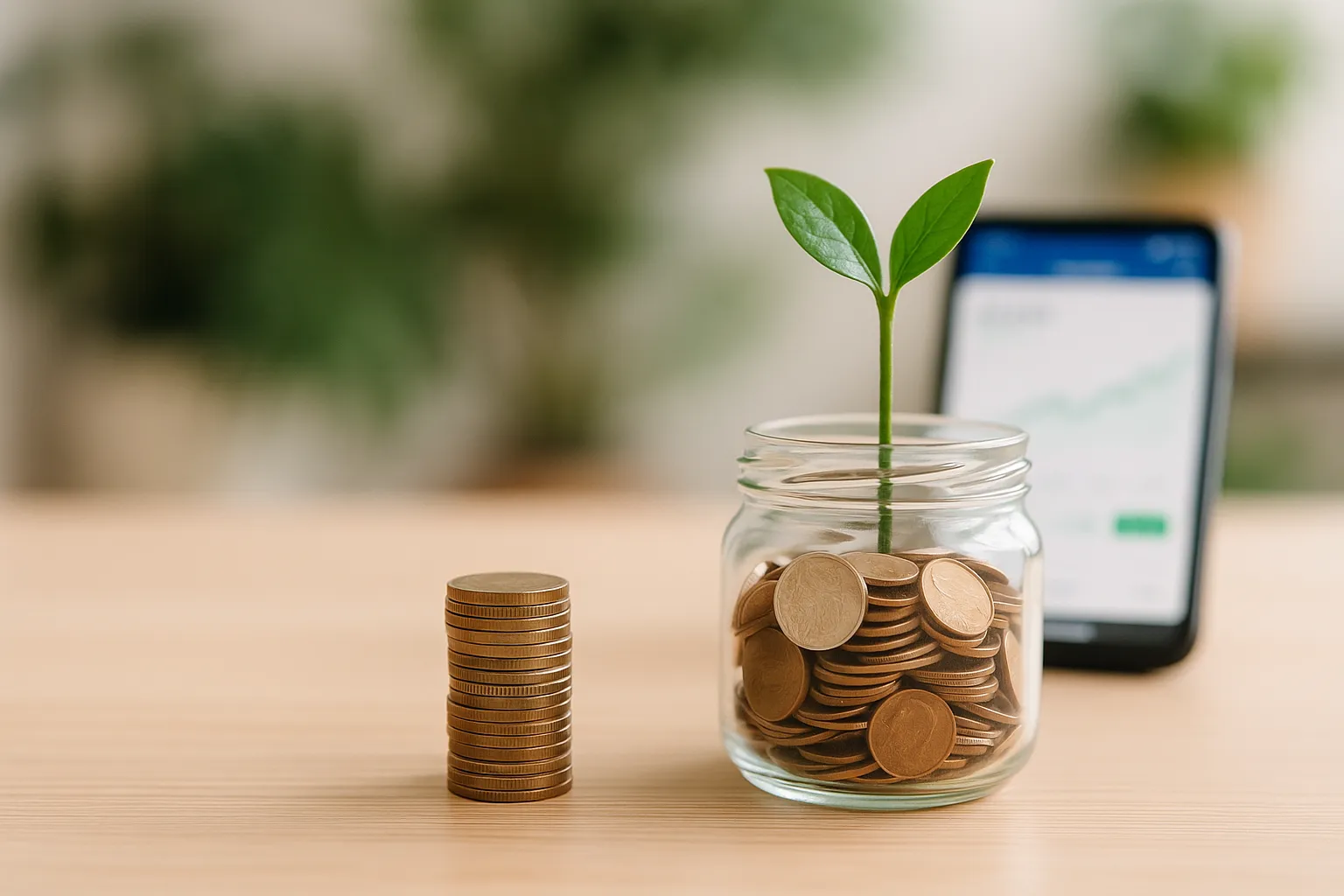 Einmachglas mit Münzen und wachsender Pflanze auf hellem Holztisch, im Hintergrund verschwommene Finanz-App auf Smartphone – Symbol für nachhaltigen Vermögensaufbau.