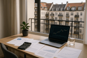 Moderner Schreibtisch mit Finanzunterlagen, Laptop mit Börsendiagramm und Blick auf deutsche Stadthäuser durch ein großes Fenster – Symbolbild für finanzielle Planung und Investitionen in Deutschland.