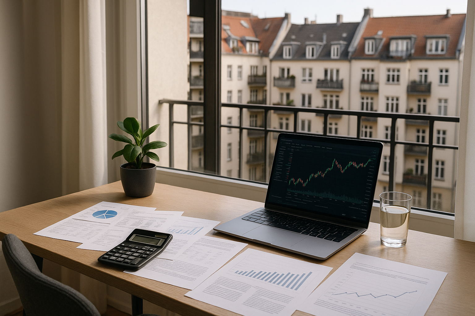 Moderner Schreibtisch mit Finanzunterlagen, Laptop mit Börsendiagramm und Blick auf deutsche Stadthäuser durch ein großes Fenster – Symbolbild für finanzielle Planung und Investitionen in Deutschland.