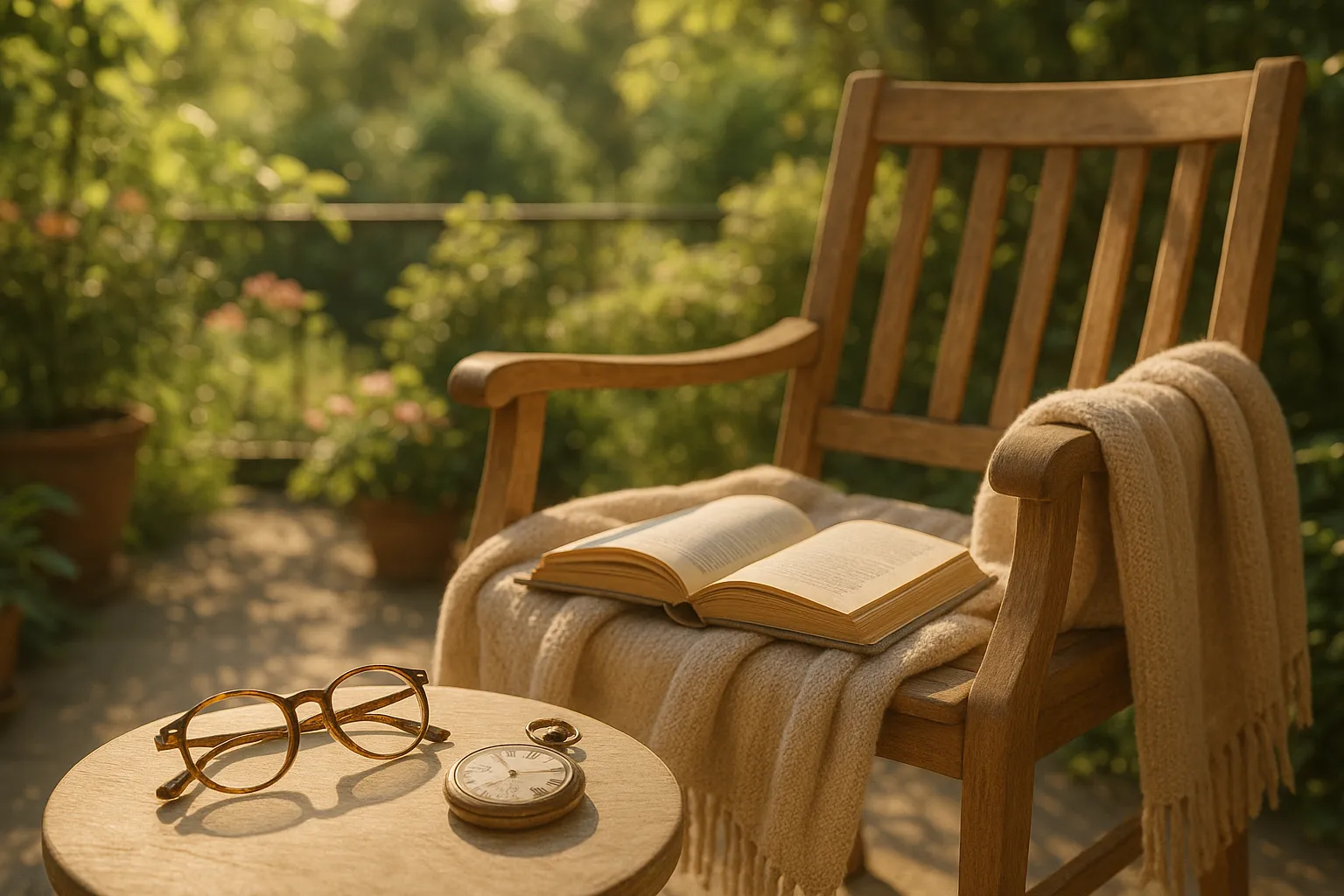 Gemütliche Leseecke im Sonnenschein: Holzbalkon mit offenem Buch, weicher Decke, Brille und Taschenuhr – symbolisch für Ruhe und Lebenszeit.