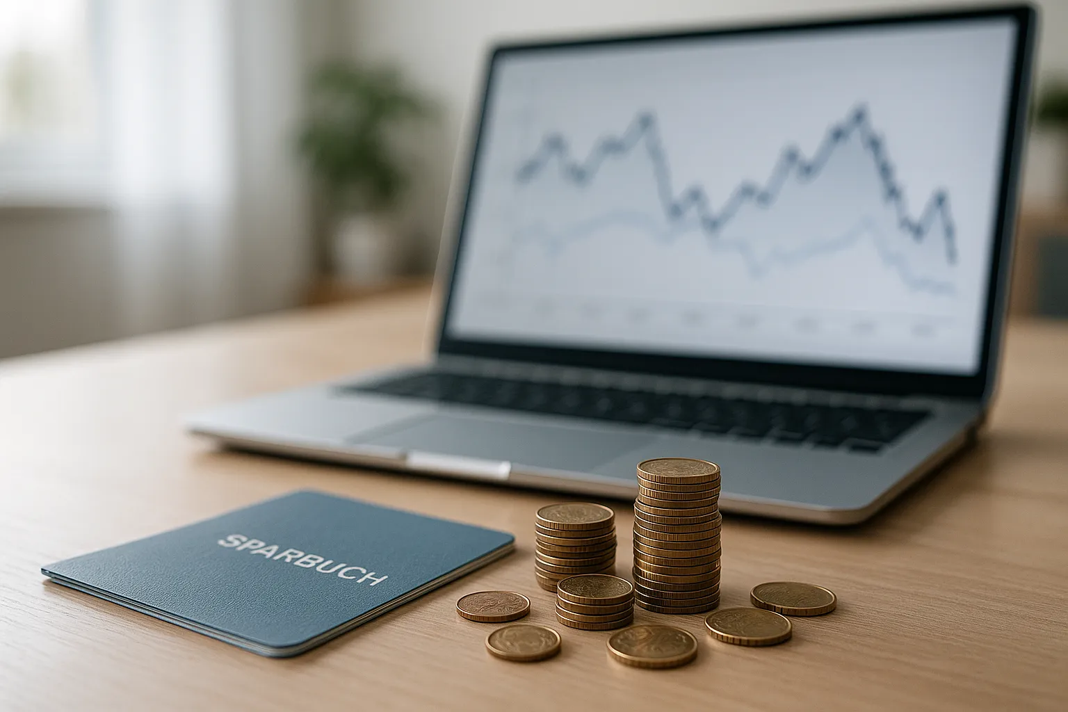 Nahaufnahme eines Sparbuchs mit der Aufschrift „SPARBUCH“, gestapelten Euromünzen und einem unscharfen Laptop mit Kurvendiagramm im Hintergrund auf einem hellen Schreibtisch in einem modernen Home-Office.