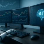 Ein fotorealistisches Bild eines modernen Trading-Arbeitsplatzes mit drei Monitoren, die Finanzcharts und KI-Grafiken zeigen, während ein Roboterarm eine Tastatur bedient – Symbol für den Einsatz von Künstlicher Intelligenz im Finanzbereich.