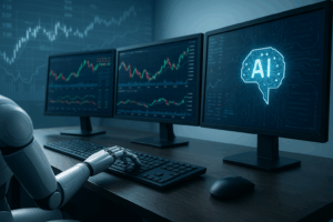 Ein fotorealistisches Bild eines modernen Trading-Arbeitsplatzes mit drei Monitoren, die Finanzcharts und KI-Grafiken zeigen, während ein Roboterarm eine Tastatur bedient – Symbol für den Einsatz von Künstlicher Intelligenz im Finanzbereich.