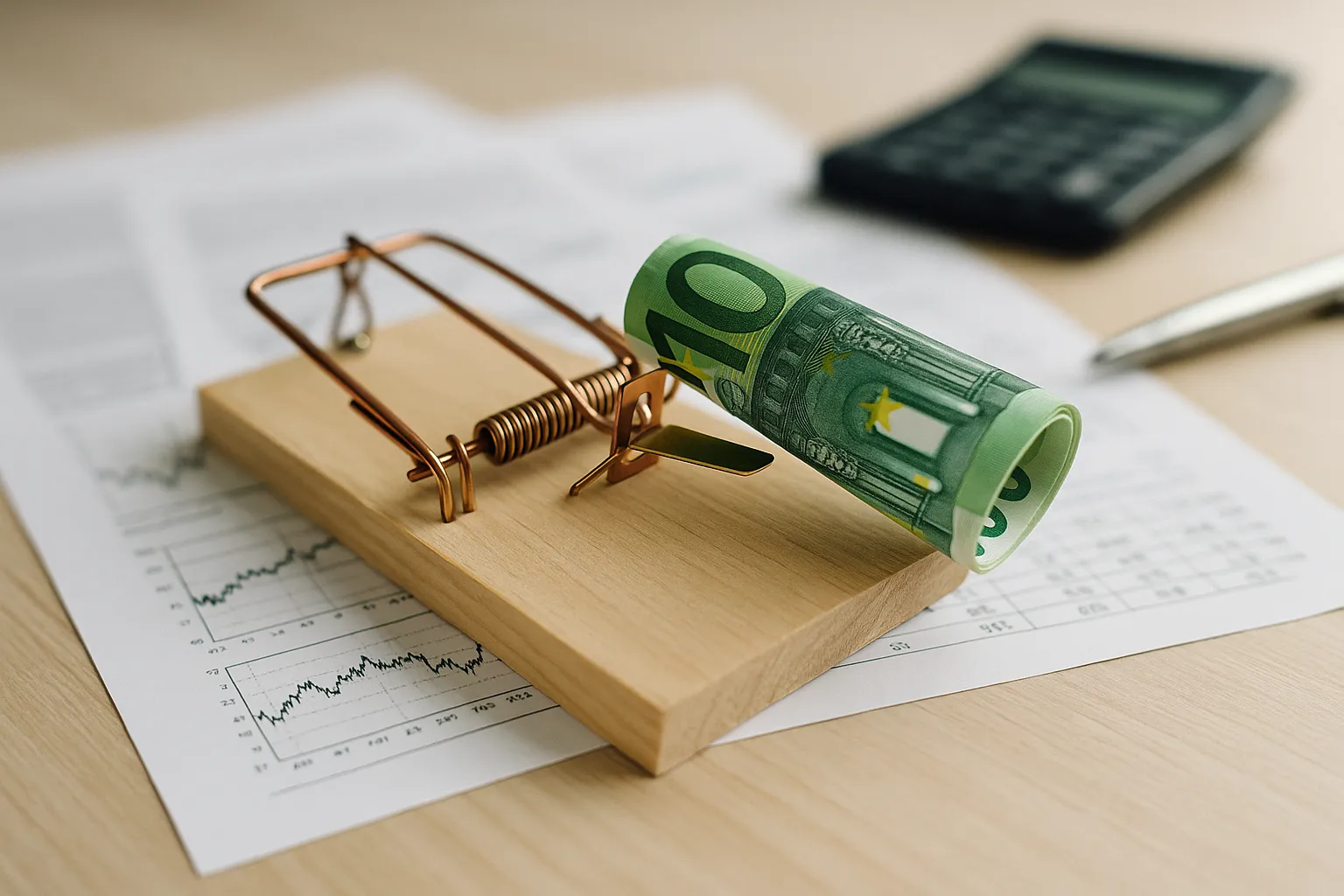 Mausefalle mit einem zusammengerollten 100-Euro-Schein als Köder auf Finanzdokumenten, im Hintergrund ein Taschenrechner und ein Kugelschreiber.