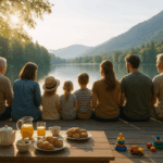 Mehrgenerationenfamilie beim gemeinsamen Frühstück auf einer Terrasse am See mit Blick auf Berge – sonnige Urlaubsszene.