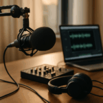 Podcast-Studio mit Mikrofon, Kopfhörern, Mischpult und Laptop auf einem Holzschreibtisch bei Tageslicht.