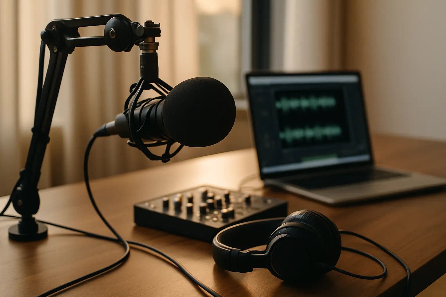 Podcast-Studio mit Mikrofon, Kopfhörern, Mischpult und Laptop auf einem Holzschreibtisch bei Tageslicht.