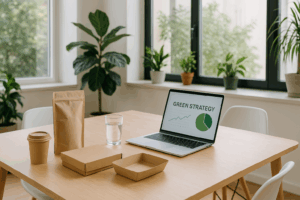 Helles, modernes Büro mit recycelbaren Verpackungen, Laptop mit „Green Strategy“-Diagramm und Zimmerpflanzen auf einem Holztisch vor großen Fenstern – Symbol für nachhaltiges Marketing.