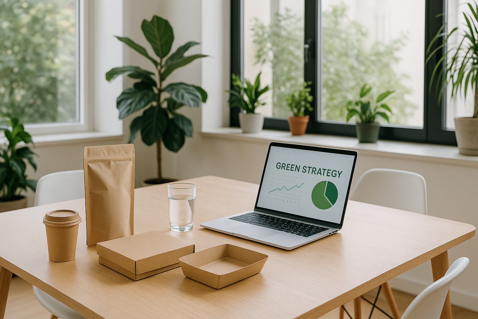 Helles, modernes Büro mit recycelbaren Verpackungen, Laptop mit „Green Strategy“-Diagramm und Zimmerpflanzen auf einem Holztisch vor großen Fenstern – Symbol für nachhaltiges Marketing.