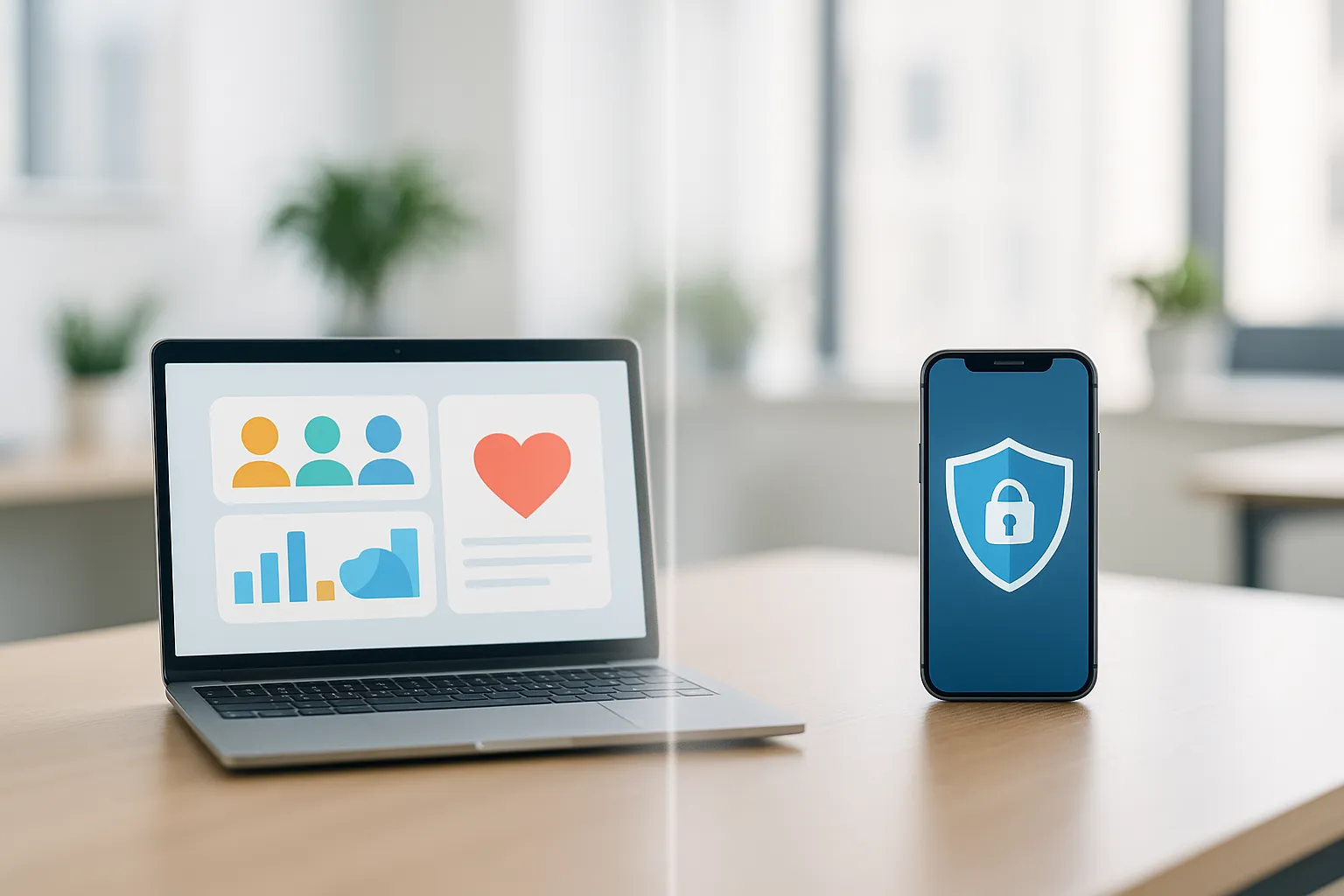 Büro mit digitaler Darstellung zweier gegenüberliegender Konzepte: Auf der einen Seite steht ein offener Laptop mit farbigen Nutzerprofil-Avataren, Diagrammen und einem Herzsymbol für Personalisierung. Auf der anderen Seite ein Smartphone, das halb von einem symbolischen Datenschutzschild überlagert wird. In der Mitte verläuft eine schmale, leicht verschwommene Trennlinie oder Balance-Waage – visuell angedeutet.
