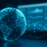 Glühendes digitales Netzwerk in Form eines Globus vor unscharfem Datenbildschirm – symbolisiert moderne Tracking-Technologien ohne Cookies.
