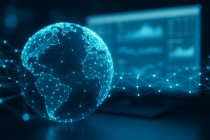 Glühendes digitales Netzwerk in Form eines Globus vor unscharfem Datenbildschirm – symbolisiert moderne Tracking-Technologien ohne Cookies.