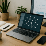 Helles, modern eingerichtetes Homeoffice mit Laptop und Monitor, die Netzwerkdiagramme und Analysedaten zeigen – symbolisiert strategischen Linkaufbau und nachhaltiges Blogwachstum.
