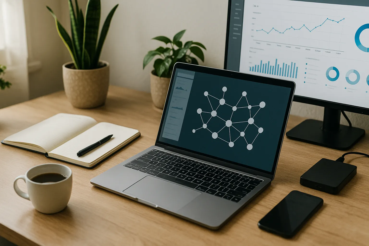 Helles, modern eingerichtetes Homeoffice mit Laptop und Monitor, die Netzwerkdiagramme und Analysedaten zeigen – symbolisiert strategischen Linkaufbau und nachhaltiges Blogwachstum.