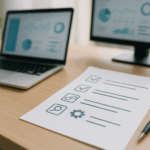 Arbeitsplatz mit Laptop, Checkliste und SEO-Dashboard bei Tageslicht – Symbolbild für strukturierten digitalen Linkaufbau.