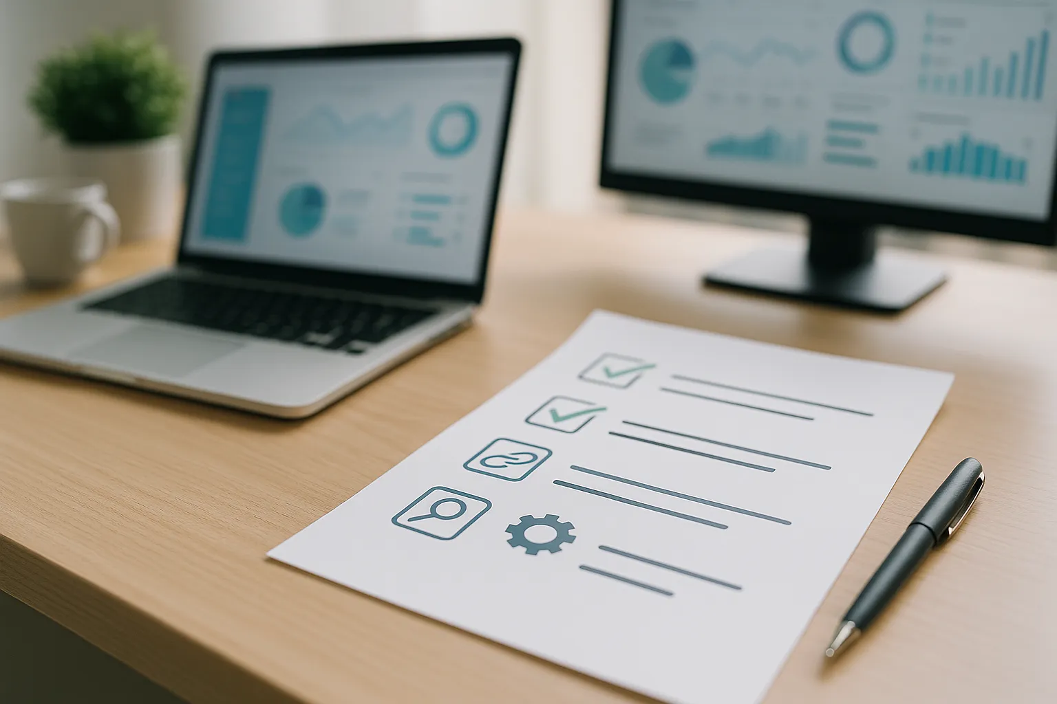 Arbeitsplatz mit Laptop, Checkliste und SEO-Dashboard bei Tageslicht – Symbolbild für strukturierten digitalen Linkaufbau.