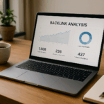 Ein moderner Arbeitsplatz mit einem Laptop, der ein übersichtliches Backlink-Analyse-Dashboard mit Diagrammen und Link-Metriken anzeigt, umgeben von einer Kaffeetasse, einem Notizbuch und einem Stift auf einem Holztisch.