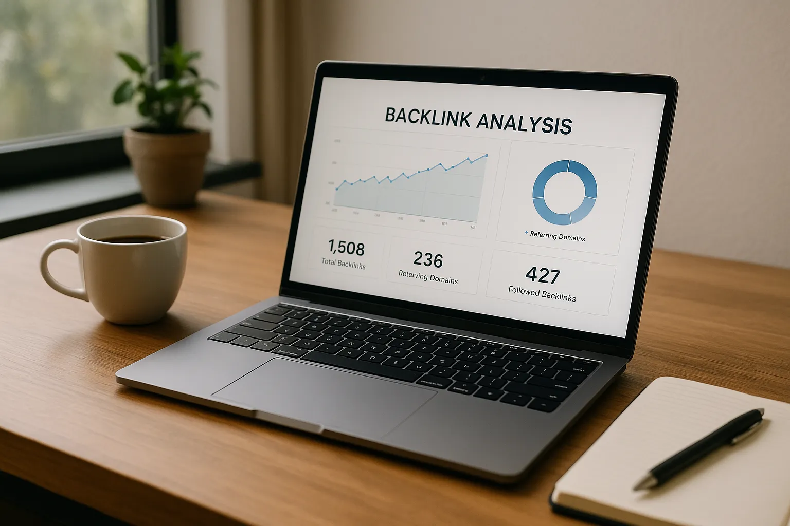 Ein moderner Arbeitsplatz mit einem Laptop, der ein übersichtliches Backlink-Analyse-Dashboard mit Diagrammen und Link-Metriken anzeigt, umgeben von einer Kaffeetasse, einem Notizbuch und einem Stift auf einem Holztisch.