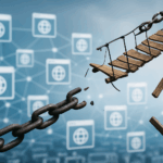 Symbolbild für fehlerhaften Linkaufbau: Eine zerbrochene Eisenkette und eine einstürzende Hängebrücke vor einem Netzwerk aus Website-Icons auf blauem Hintergrund.