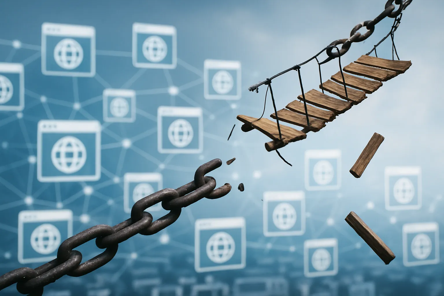 Symbolbild für fehlerhaften Linkaufbau: Eine zerbrochene Eisenkette und eine einstürzende Hängebrücke vor einem Netzwerk aus Website-Icons auf blauem Hintergrund.