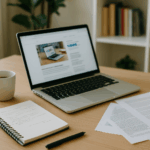 Home-Office-Schreibtischs bei Tageslicht. Auf dem Tisch steht ein geöffneter Laptop mit unscharfem Bildschirm, daneben ein Kaffeebecher, ein Notizbuch mit Notizen und mehrere ausgedruckte Artikelblätter.