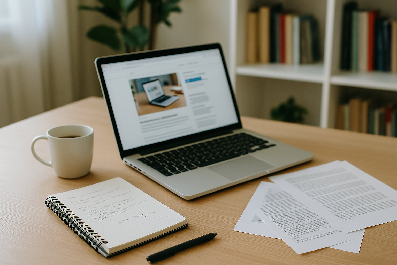Home-Office-Schreibtischs bei Tageslicht. Auf dem Tisch steht ein geöffneter Laptop mit unscharfem Bildschirm, daneben ein Kaffeebecher, ein Notizbuch mit Notizen und mehrere ausgedruckte Artikelblätter.