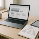 Moderner Arbeitsplatz mit Laptop, Notizbuch und Tablet, die Linkstrukturen und digitale Analyse für erfolgreiches Linkbuilding zeigen.