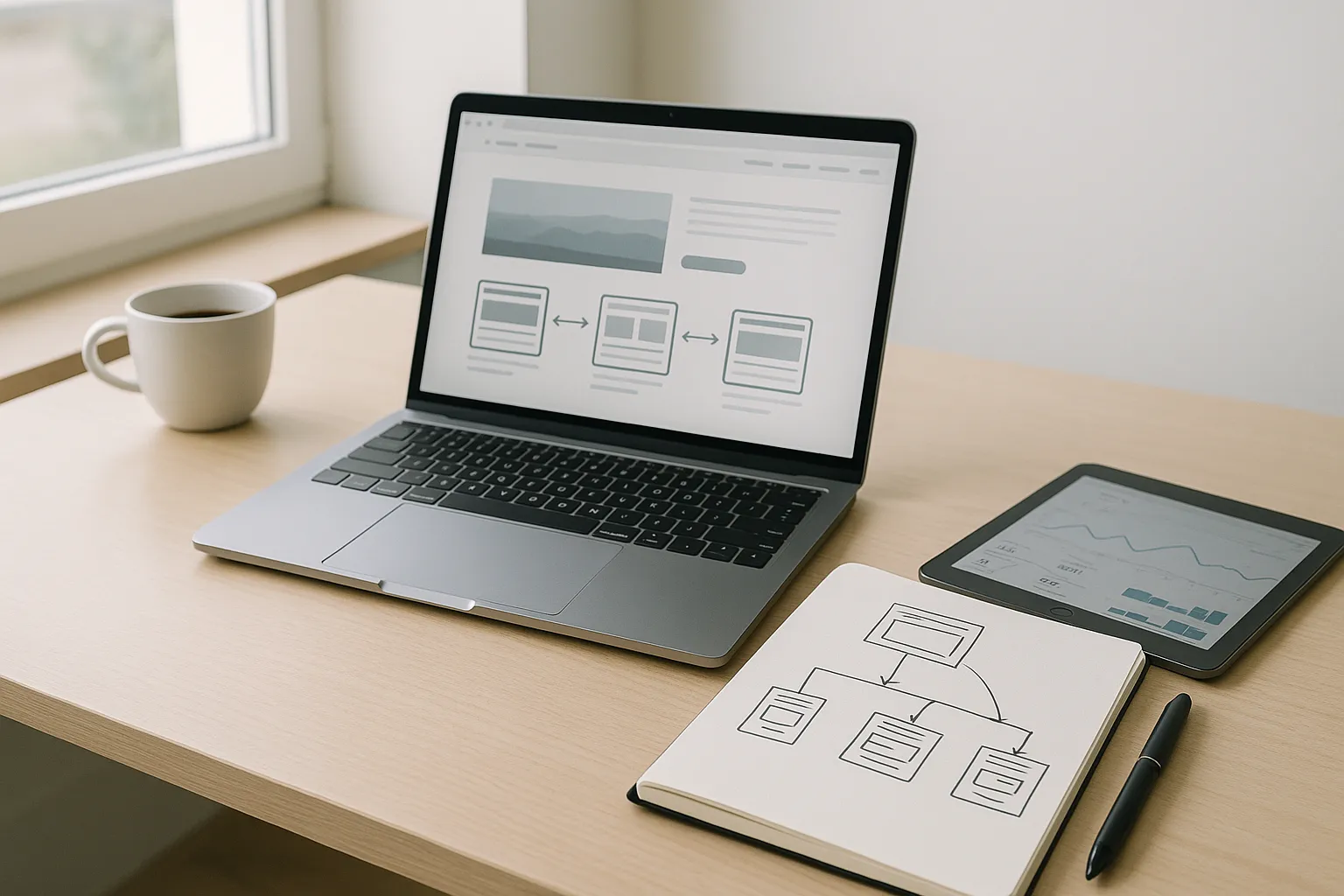 Moderner Arbeitsplatz mit Laptop, Notizbuch und Tablet, die Linkstrukturen und digitale Analyse für erfolgreiches Linkbuilding zeigen.