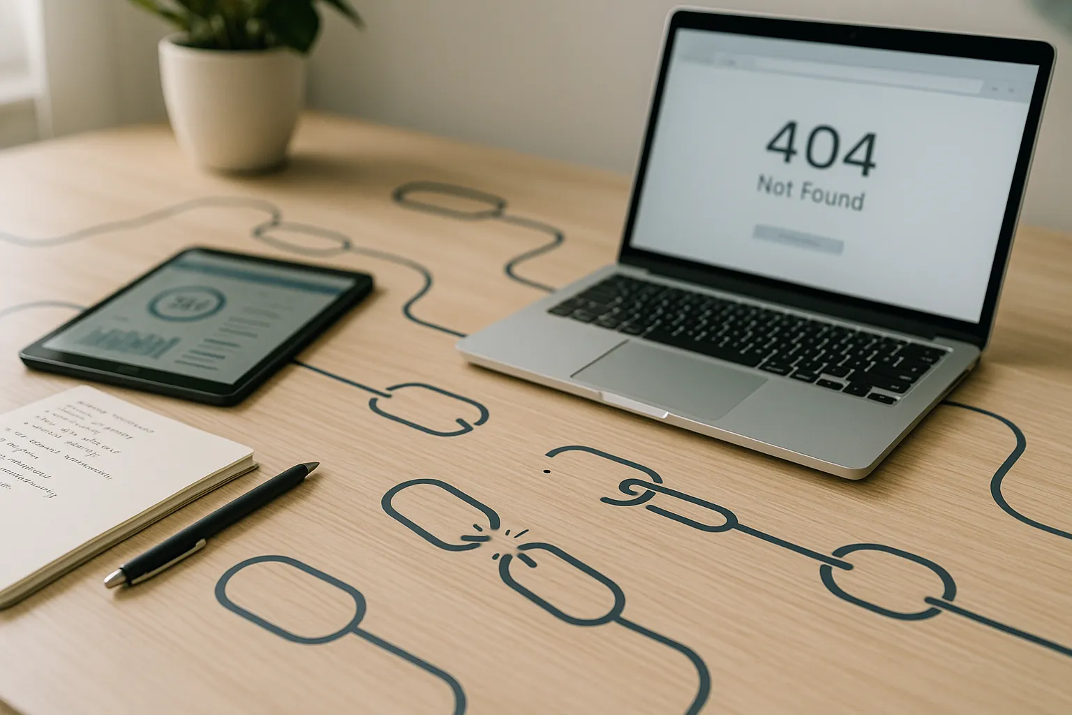 Moderner Arbeitsplatz mit Laptop, der eine 404-Fehlermeldung zeigt, daneben Tablet mit SEO-Daten, Notizbuch und Stift auf einem Tisch mit stilisierten, unterbrochenen Kettengliedern als Symbol für defekte Links.