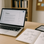 Heller Schreibtisch mit Laptop, Notizbuch voller Content-Ideen und Tablet mit Analyse-Grafik in einem modernen, gut beleuchteten Arbeitszimmer ohne Personen.