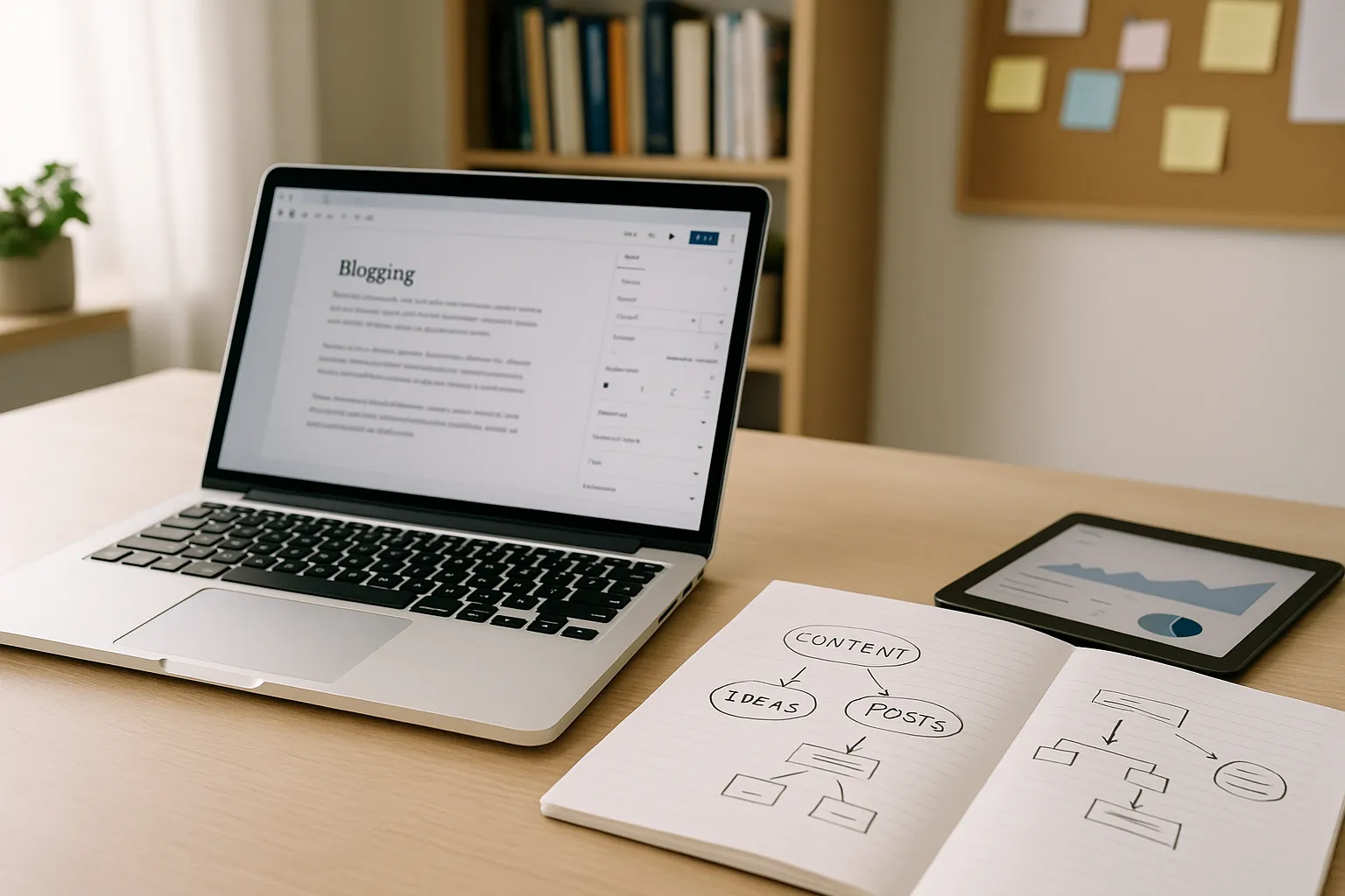 Heller Schreibtisch mit Laptop, Notizbuch voller Content-Ideen und Tablet mit Analyse-Grafik in einem modernen, gut beleuchteten Arbeitszimmer ohne Personen.