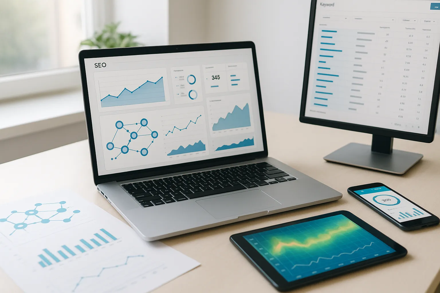 Moderner Arbeitsplatz mit Laptop, zweitem Monitor, Tablet und Smartphone, alle zeigen symbolhafte SEO- und Linkaufbau-Analysetools in hell ausgeleuchteter Umgebung.