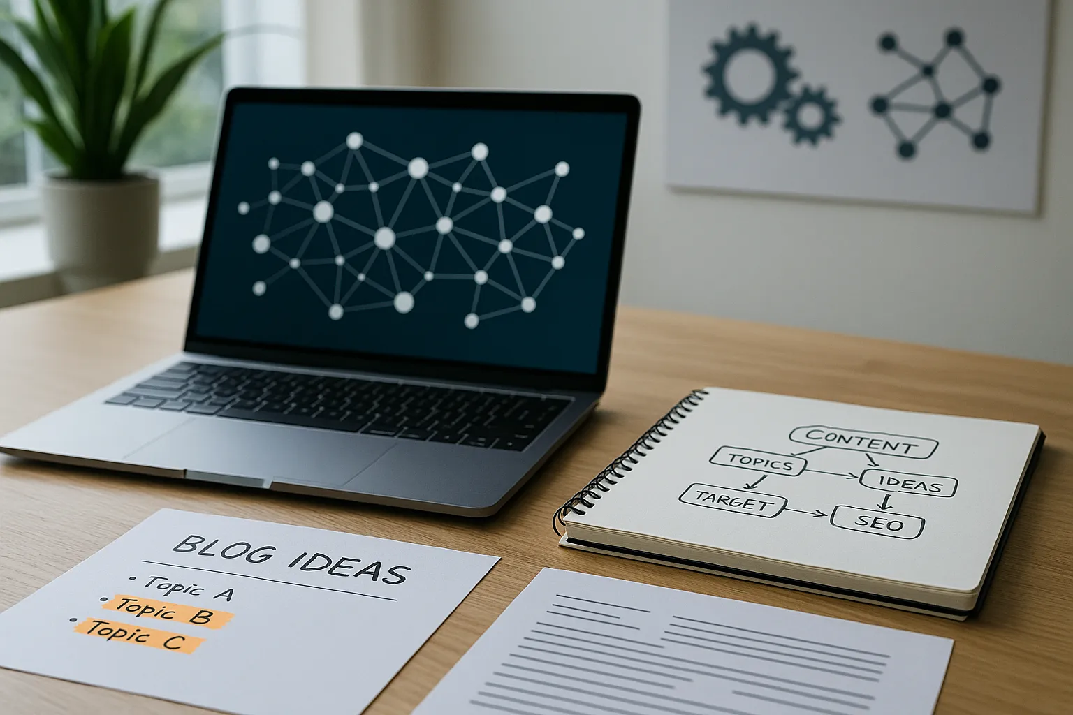 Moderner Arbeitsplatz mit Laptop, der ein Netzwerkdiagramm zeigt, daneben ein Notizbuch mit Content-Strategie-Skizzen und lose Blätter mit Blogideen auf einem hellen Holztisch bei Tageslicht.