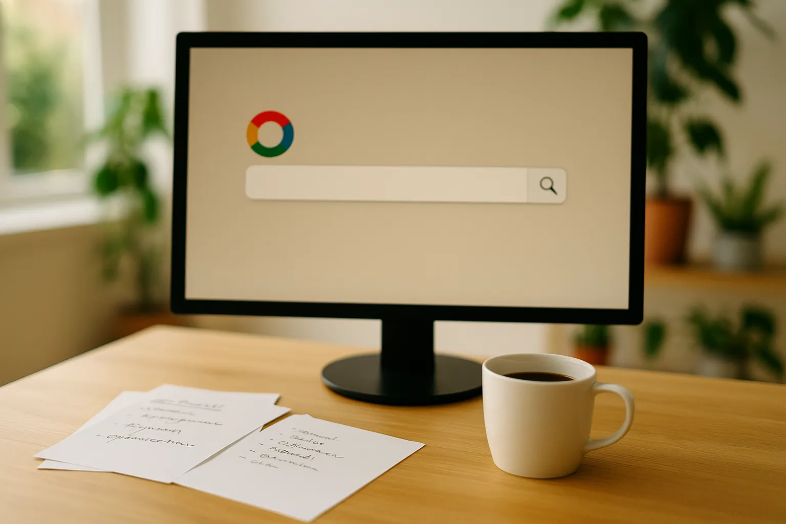 Moderner Arbeitsplatz mit Computerbildschirm, handschriftlichen Notizen und Kaffeetasse in heller, freundlicher Arbeitsumgebung.