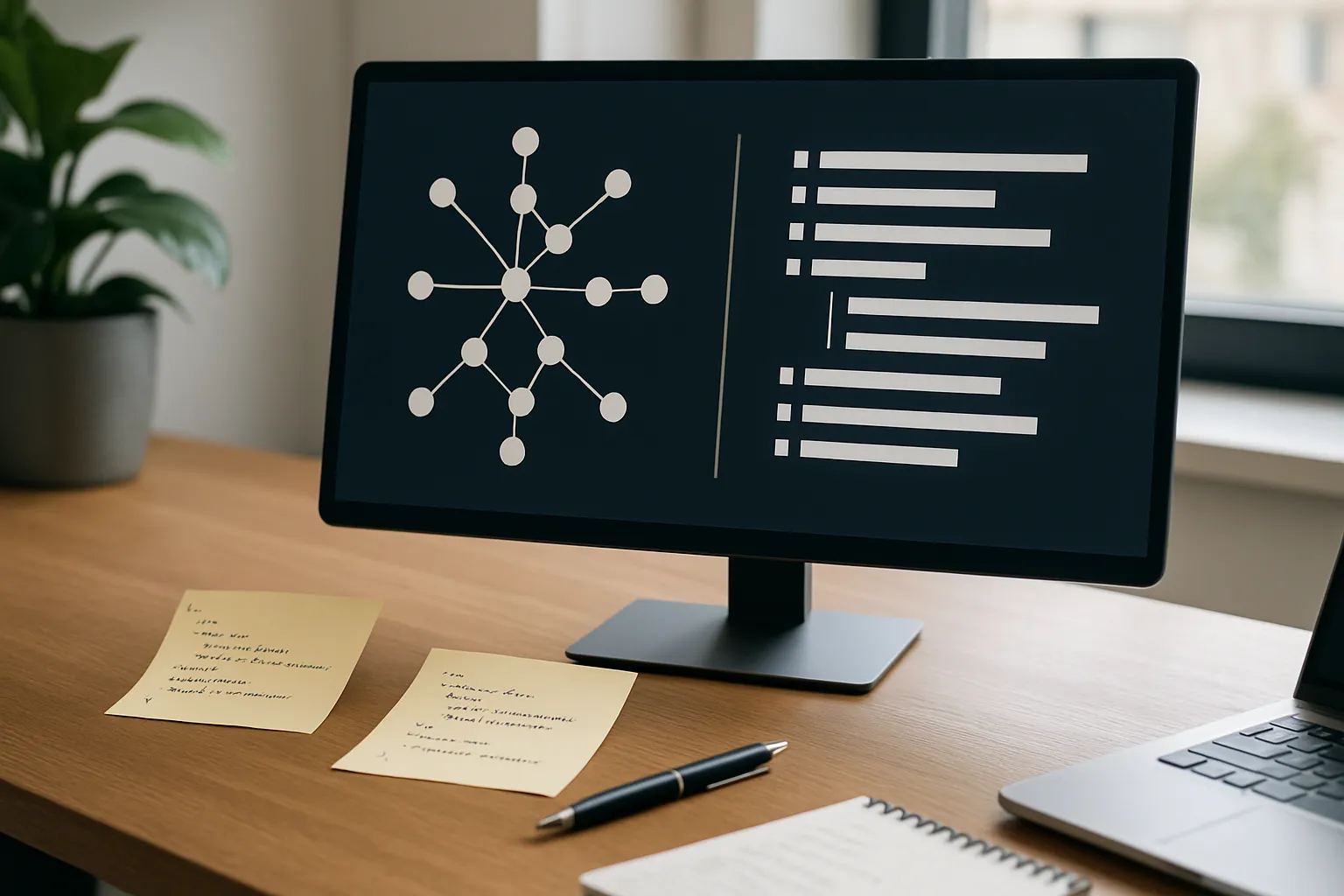 Moderner Arbeitsplatz mit großem Monitor, der schematische Datenstrukturen zeigt – links ein Netz aus verbundenen Knoten, rechts eine strukturierte Liste.
