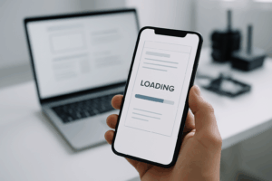Nahaufnahme eines Smartphones in einer Hand, auf dem eine minimalistische Website mit einem Ladebalken angezeigt wird.