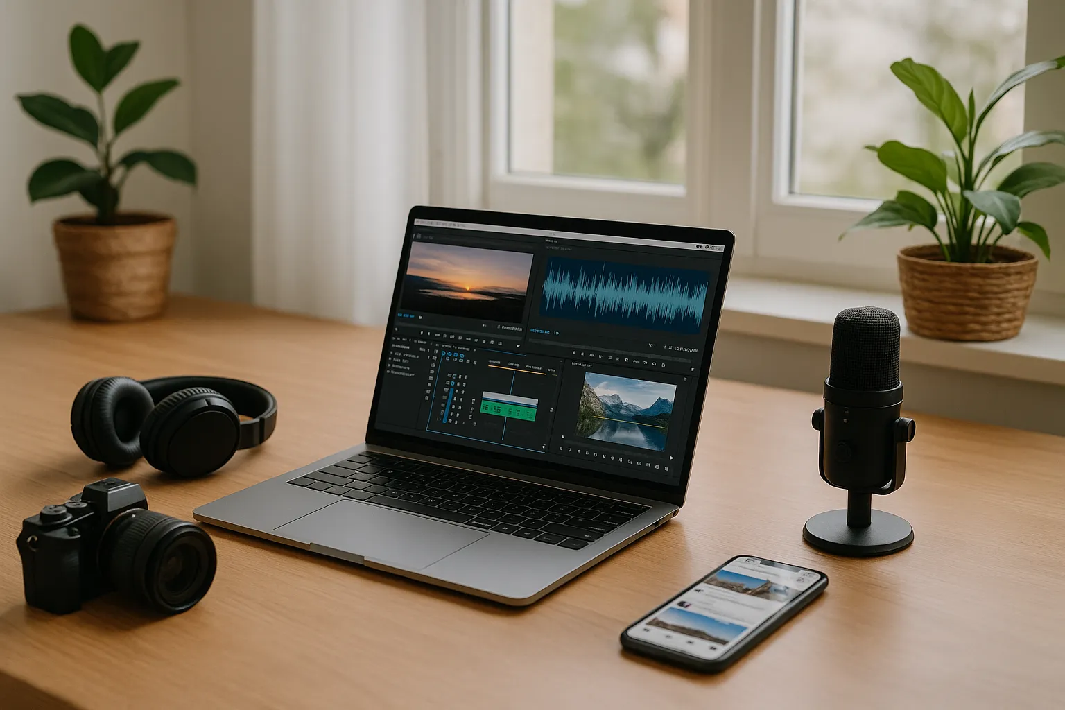Helle, moderne Arbeitsumgebung mit Laptop, Kamera, Kopfhörer, Mikrofon und Smartphone auf einem Holzschreibtisch vor einem Fenster mit Tageslicht und Zimmerpflanzen.