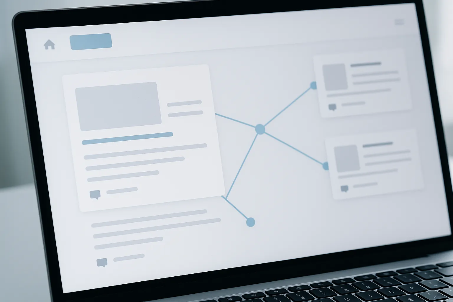 Blog-Oberfläche auf einem großen, hellen Bildschirm, sichtbar sind mehrere geöffnete Blogbeiträge oder Kommentarfunktionen, verbunden durch stilisierte Linien oder dezente Verbindungssymbole.