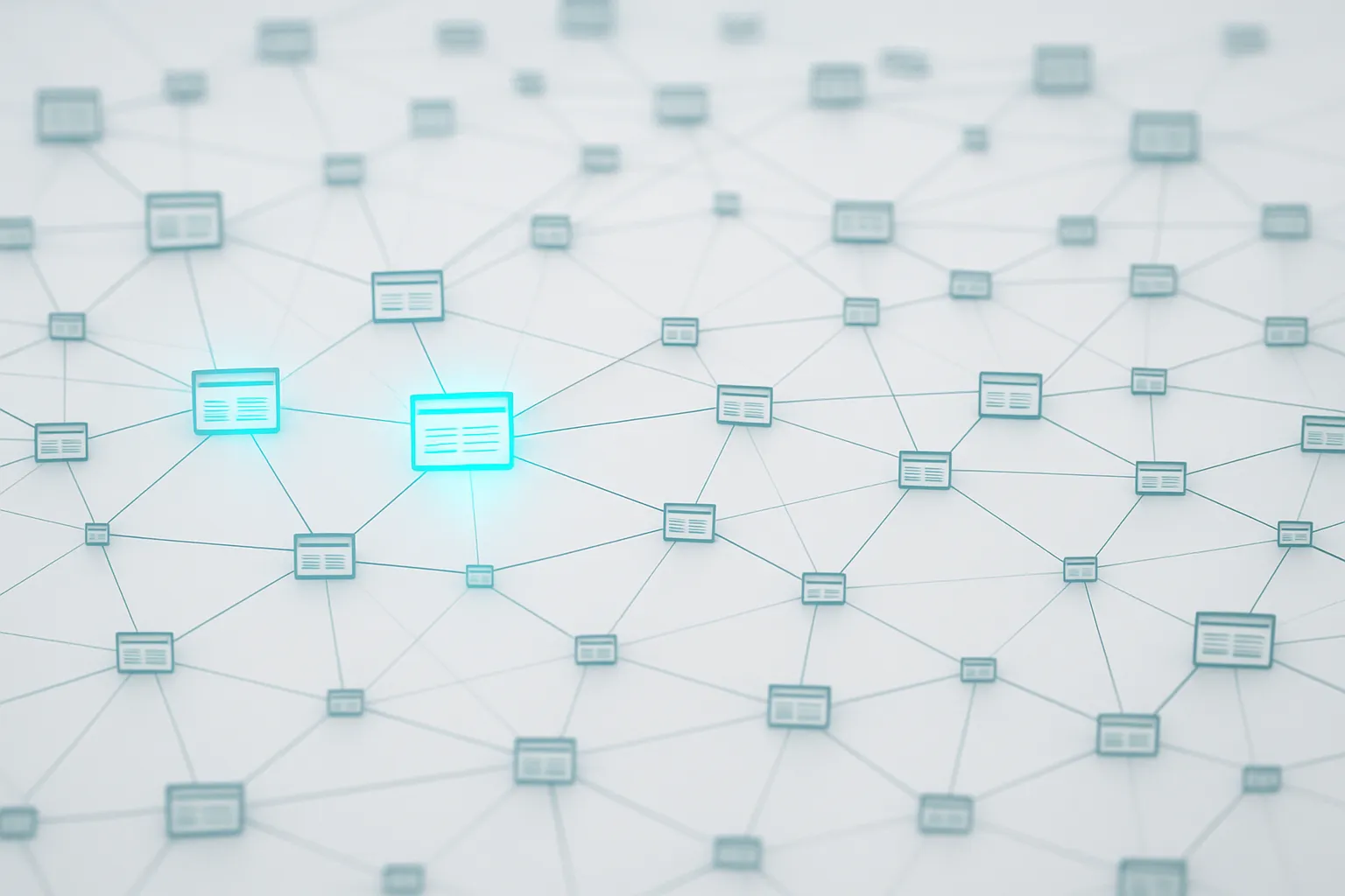 Netzwerkstruktur mit vielen miteinander verbundenen Knotenpunkten (Nodes), die wie Webseiten dargestellt sind. Einige Knoten sind hervorgehoben, als würden automatisch Backlinks entstehen.