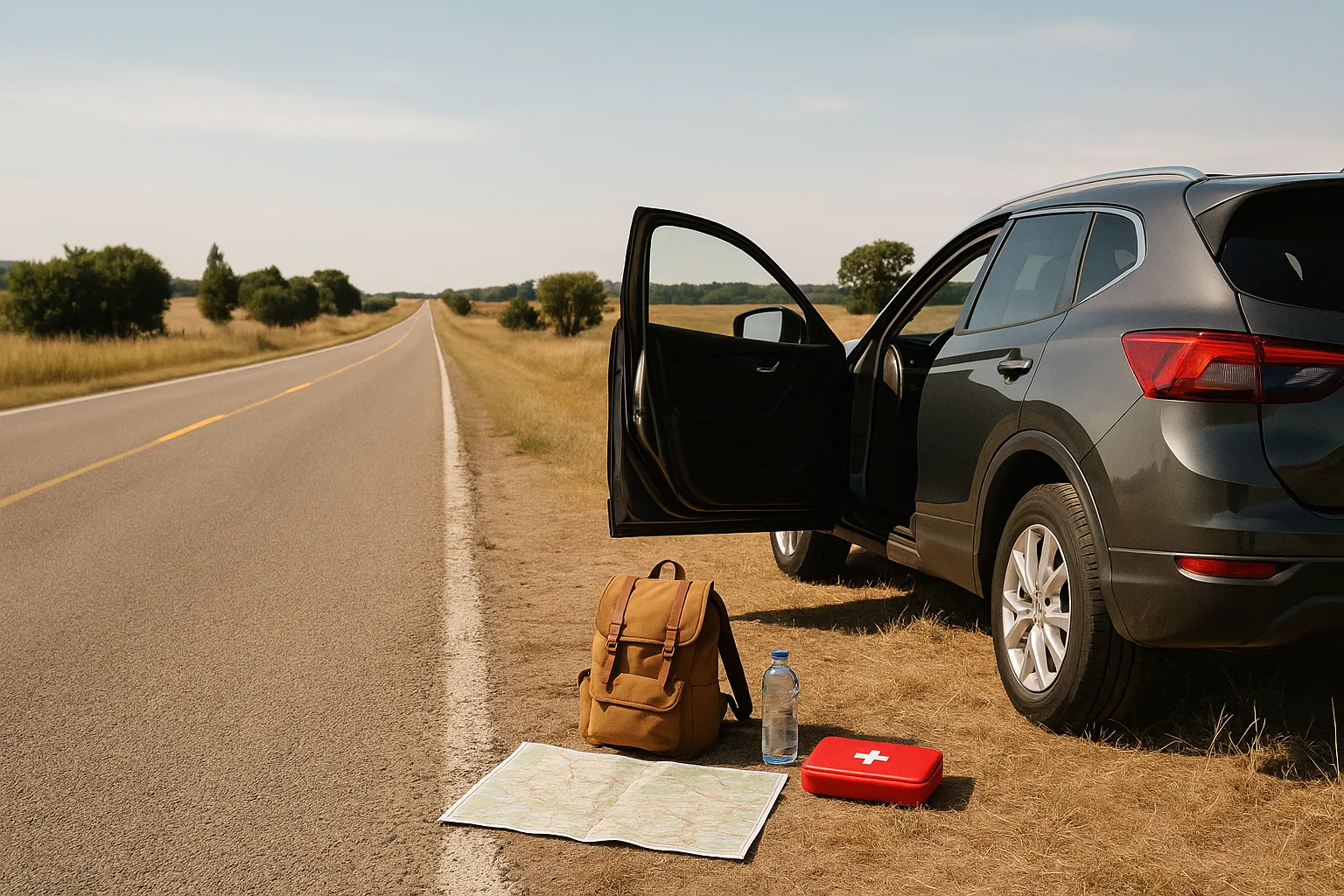 Weite Straße in ländlicher Umgebung bei klarem Himmel, modernes Auto steht am Straßenrand mit geöffneter Tür, neben dem Auto liegen geordnete Roadtrip-Utensilien wie Rucksack, Landkarte, Wasserflasche und Erste-Hilfe-Set.
