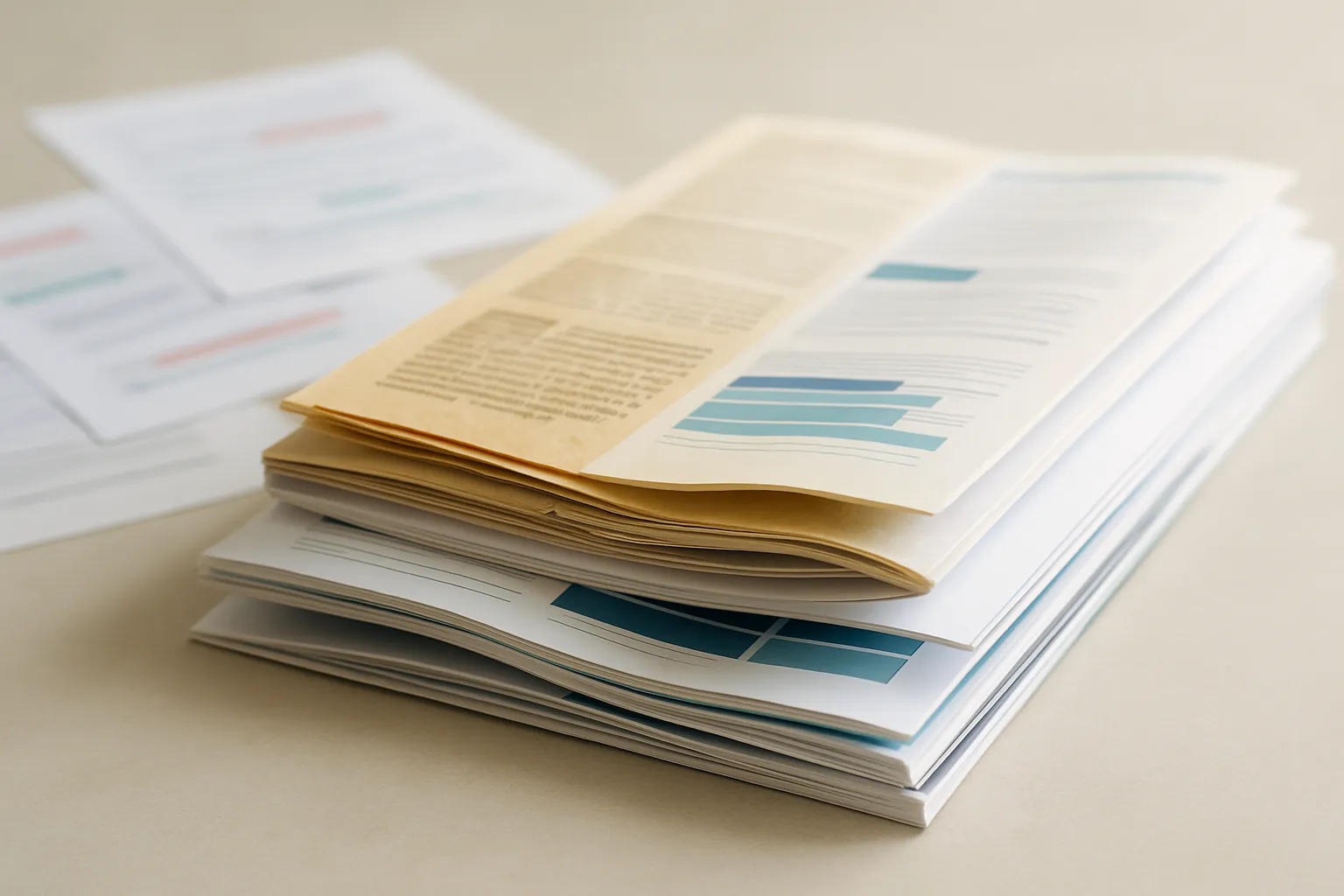 Ein Stapel geöffneter Magazine mit vergilbten und frischen Seiten auf hellem Untergrund, symbolisiert die Aktualisierung von Inhalten.